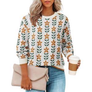 imageZESICA Womens Long Sleeve Crewneck Sweater 2025 Fall Printed Cute Oversized Knitted Pullover Tops Trendy ClothesWhite