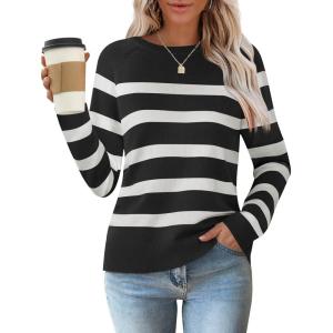 imageZESICA Womens Long Sleeve Lightweight Striped Tops Fall Crewneck Ribbed Knit ShirtsBlack