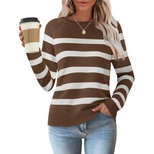 imageZESICA Womens Long Sleeve Lightweight Striped Tops Fall Crewneck Ribbed Knit ShirtsBrown