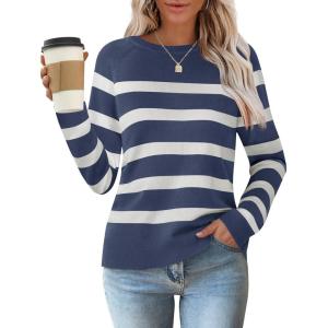 imageZESICA Womens Long Sleeve Lightweight Striped Tops Fall Crewneck Ribbed Knit ShirtsDarkblue
