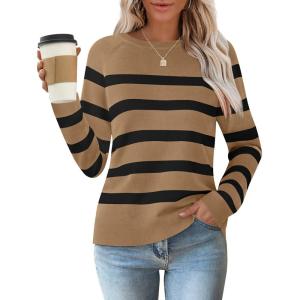 imageZESICA Womens Long Sleeve Lightweight Striped Tops Fall Crewneck Ribbed Knit ShirtsKhaki
