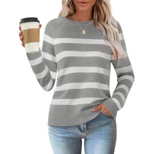 imageZESICA Womens Long Sleeve Lightweight Striped Tops Fall Crewneck Ribbed Knit ShirtsLightgrey