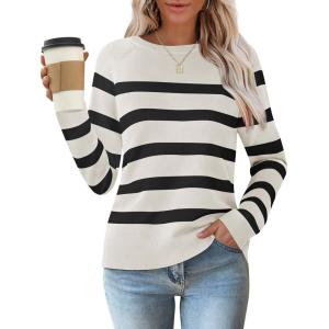 imageZESICA Womens Long Sleeve Lightweight Striped Tops Fall Crewneck Ribbed Knit ShirtsWhite