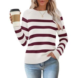 imageZESICA Womens Long Sleeve Lightweight Striped Tops Fall Crewneck Ribbed Knit ShirtsWine