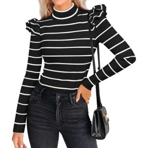 imageZESICA Womens Striped Ruffle Long Sleeve Tops Fall Turtleneck Ribbed Knit Slim Fit Basic Shirt Casual Pullover SweaterBlack