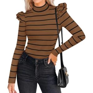 imageZESICA Womens Striped Ruffle Long Sleeve Tops Fall Turtleneck Ribbed Knit Slim Fit Basic Shirt Casual Pullover SweaterBrown