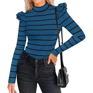 imageZESICA Womens Striped Ruffle Long Sleeve Tops Fall Turtleneck Ribbed Knit Slim Fit Basic Shirt Casual Pullover SweaterDark Blue