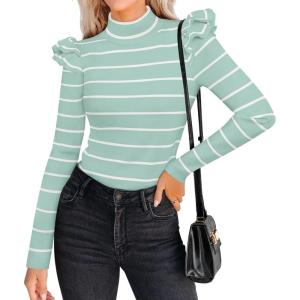imageZESICA Womens Striped Ruffle Long Sleeve Tops Fall Turtleneck Ribbed Knit Slim Fit Basic Shirt Casual Pullover SweaterMint
