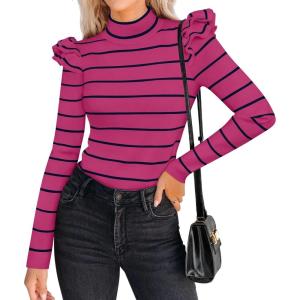 imageZESICA Womens Striped Ruffle Long Sleeve Tops Fall Turtleneck Ribbed Knit Slim Fit Basic Shirt Casual Pullover SweaterRose