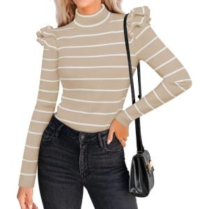 imageZESICA Womens Striped Ruffle Long Sleeve Tops Fall Turtleneck Ribbed Knit Slim Fit Basic Shirt Casual Pullover SweaterSand