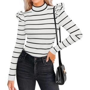 imageZESICA Womens Striped Ruffle Long Sleeve Tops Fall Turtleneck Ribbed Knit Slim Fit Basic Shirt Casual Pullover SweaterWhite