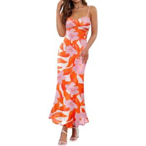 imageZESICA Womens Summer Floral Spaghetti Straps Maxi Dress 2025 Sleeveless Square Neck Bodycon Beach Boho Long DressesOrange