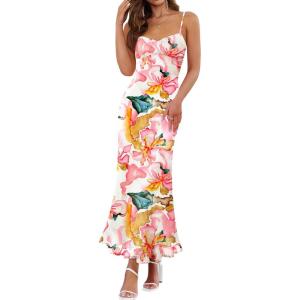 imageZESICA Womens Summer Floral Spaghetti Straps Maxi Dress 2025 Sleeveless Square Neck Bodycon Beach Boho Long DressesPink