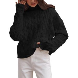 imageZESICA Womens Sweaters Fall Winter Long Sleeve Mock Neck Solid Color Casual Loose Chunky Pullover SweaterBlack