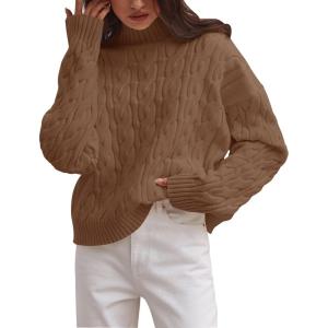 imageZESICA Womens Sweaters Fall Winter Long Sleeve Mock Neck Solid Color Casual Loose Chunky Pullover SweaterClay