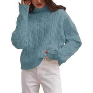 imageZESICA Womens Sweaters Fall Winter Long Sleeve Mock Neck Solid Color Casual Loose Chunky Pullover SweaterHaze Blue