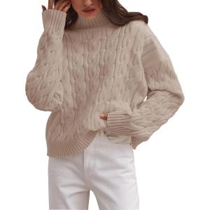 imageZESICA Womens Sweaters Fall Winter Long Sleeve Mock Neck Solid Color Casual Loose Chunky Pullover SweaterKhaki