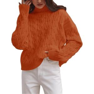 imageZESICA Womens Sweaters Fall Winter Long Sleeve Mock Neck Solid Color Casual Loose Chunky Pullover SweaterOrange