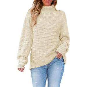 imageZESICA Womens Turtleneck Batwing Sleeve Loose Oversized Chunky Knitted Pullover Sweater Jumper TopsApricot