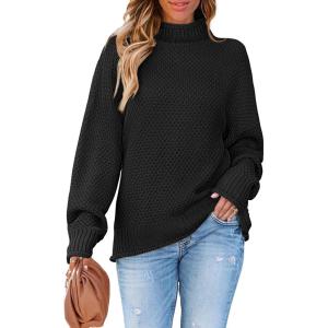 imageZESICA Womens Turtleneck Batwing Sleeve Loose Oversized Chunky Knitted Pullover Sweater Jumper TopsBlack