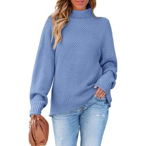 imageZESICA Womens Turtleneck Batwing Sleeve Loose Oversized Chunky Knitted Pullover Sweater Jumper TopsBlue