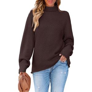 imageZESICA Womens Turtleneck Batwing Sleeve Loose Oversized Chunky Knitted Pullover Sweater Jumper TopsCoffee