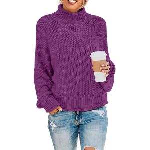 imageZESICA Womens Turtleneck Batwing Sleeve Loose Oversized Chunky Knitted Pullover Sweater Jumper TopsEggplant