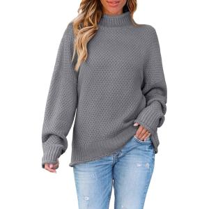 imageZESICA Womens Turtleneck Batwing Sleeve Loose Oversized Chunky Knitted Pullover Sweater Jumper TopsGrey2