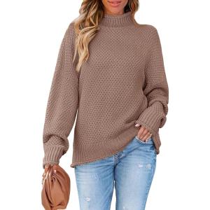 imageZESICA Womens Turtleneck Batwing Sleeve Loose Oversized Chunky Knitted Pullover Sweater Jumper TopsKhaki