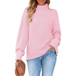 imageZESICA Womens Turtleneck Batwing Sleeve Loose Oversized Chunky Knitted Pullover Sweater Jumper TopsPink