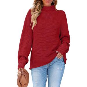 imageZESICA Womens Turtleneck Batwing Sleeve Loose Oversized Chunky Knitted Pullover Sweater Jumper TopsRed