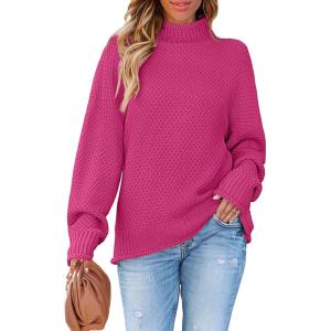 imageZESICA Womens Turtleneck Batwing Sleeve Loose Oversized Chunky Knitted Pullover Sweater Jumper TopsRose
