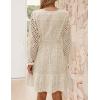 imageZESICA Womens 2025 Long Sleeve Mini Dress Spring V Neck Hollow Out Eyelet Embroidery Ruffle A Line Swing Short DressesApricot