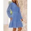 imageZESICA Womens 2025 Long Sleeve Mini Dress Spring V Neck Hollow Out Eyelet Embroidery Ruffle A Line Swing Short DressesBlue