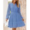 imageZESICA Womens 2025 Long Sleeve Mini Dress Spring V Neck Hollow Out Eyelet Embroidery Ruffle A Line Swing Short DressesBlue