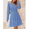 imageZESICA Womens 2025 Long Sleeve Mini Dress Spring V Neck Hollow Out Eyelet Embroidery Ruffle A Line Swing Short DressesBlue
