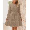imageZESICA Womens 2025 Long Sleeve Mini Dress Spring V Neck Hollow Out Eyelet Embroidery Ruffle A Line Swing Short DressesKhaki