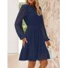 imageZESICA Womens 2025 Long Sleeve Mini Dress Spring V Neck Hollow Out Eyelet Embroidery Ruffle A Line Swing Short DressesNavy