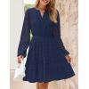 imageZESICA Womens 2025 Long Sleeve Mini Dress Spring V Neck Hollow Out Eyelet Embroidery Ruffle A Line Swing Short DressesNavy
