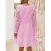 imageZESICA Womens 2025 Long Sleeve Mini Dress Spring V Neck Hollow Out Eyelet Embroidery Ruffle A Line Swing Short DressesPink
