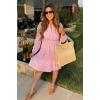 imageZESICA Womens 2025 Long Sleeve Mini Dress Spring V Neck Hollow Out Eyelet Embroidery Ruffle A Line Swing Short DressesPink