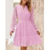imageZESICA Womens 2025 Long Sleeve Mini Dress Spring V Neck Hollow Out Eyelet Embroidery Ruffle A Line Swing Short DressesPink