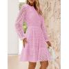 imageZESICA Womens 2025 Long Sleeve Mini Dress Spring V Neck Hollow Out Eyelet Embroidery Ruffle A Line Swing Short DressesPink