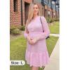 imageZESICA Womens 2025 Long Sleeve Mini Dress Spring V Neck Hollow Out Eyelet Embroidery Ruffle A Line Swing Short DressesPink