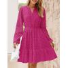 imageZESICA Womens 2025 Long Sleeve Mini Dress Spring V Neck Hollow Out Eyelet Embroidery Ruffle A Line Swing Short DressesRose
