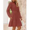 imageZESICA Womens 2025 Long Sleeve Mini Dress Spring V Neck Hollow Out Eyelet Embroidery Ruffle A Line Swing Short DressesRust