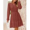imageZESICA Womens 2025 Long Sleeve Mini Dress Spring V Neck Hollow Out Eyelet Embroidery Ruffle A Line Swing Short DressesRust