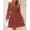 imageZESICA Womens 2025 Long Sleeve Mini Dress Spring V Neck Hollow Out Eyelet Embroidery Ruffle A Line Swing Short DressesRust