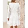 imageZESICA Womens 2025 Long Sleeve Mini Dress Spring V Neck Hollow Out Eyelet Embroidery Ruffle A Line Swing Short DressesWhite