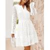 imageZESICA Womens 2025 Long Sleeve Mini Dress Spring V Neck Hollow Out Eyelet Embroidery Ruffle A Line Swing Short DressesWhite